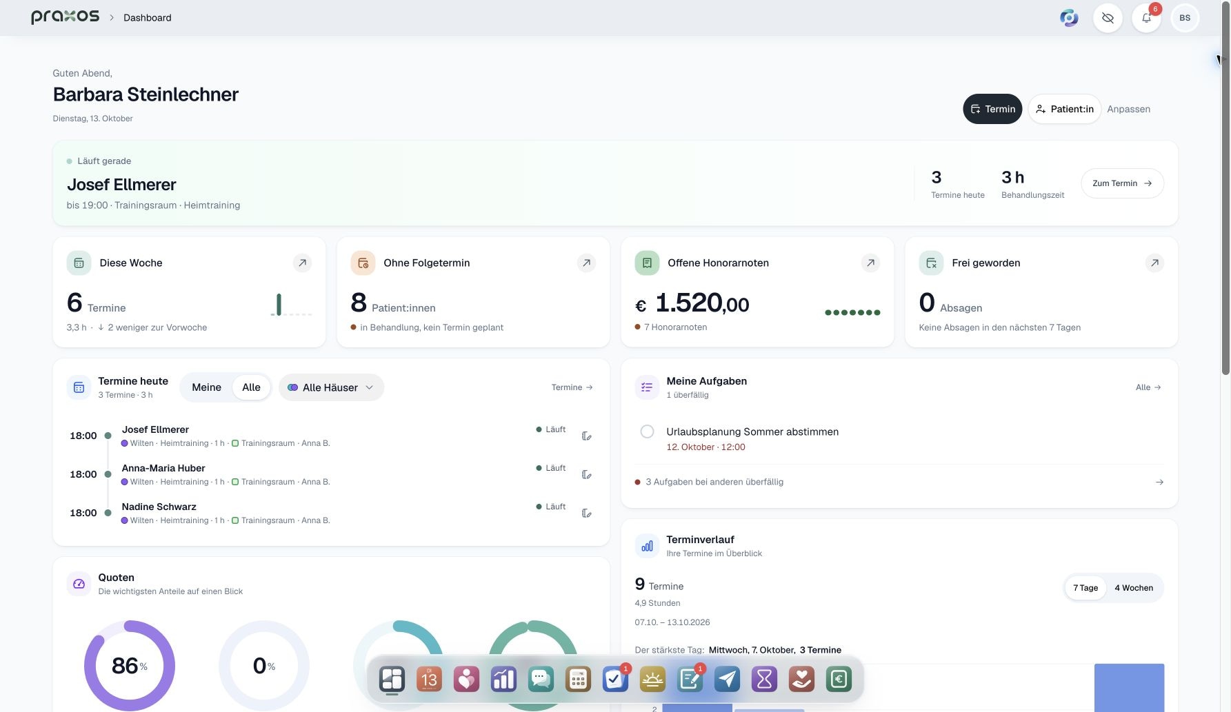 PraxOS Dashboard mit Terminen, Aufgaben und Kennzahlen