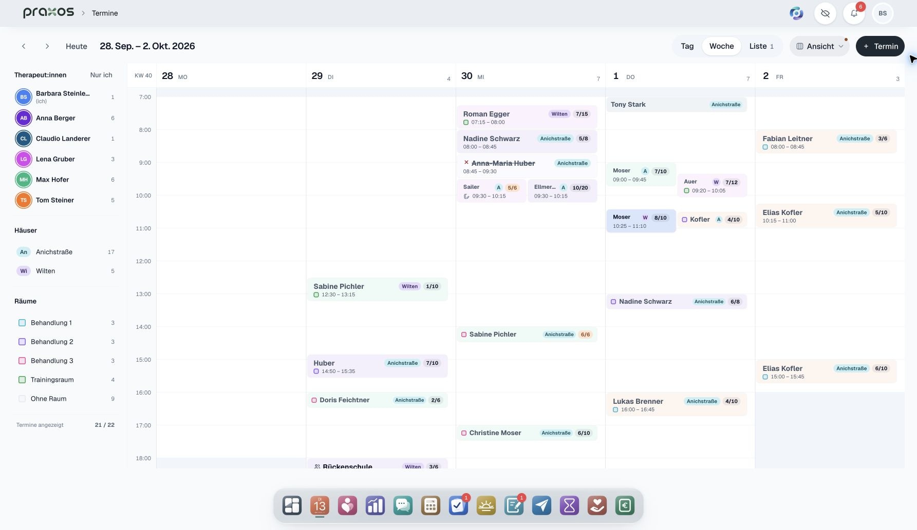 PraxOS Kalender mit Terminen für mehrere Therapeutinnen und Therapeuten